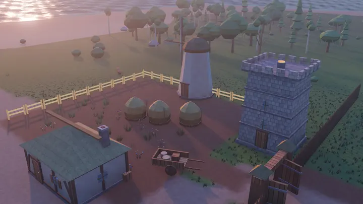 A farm with a windmill and haystacks just after sunrise.