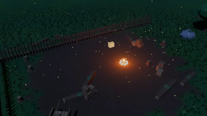A campfire inside a palisade at night.