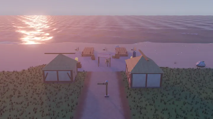 The harbour at sunset, the sun low over the sea.
