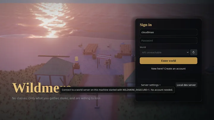 The sign-in screen, over the harbour at sunset.