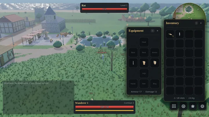 The game with the inventory and equipment windows open and a rat targeted.